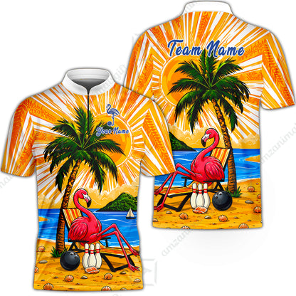 Custom Bowling Jersey Polo Shirt, Flamingo Aloha, Custom Bowling Jersey Team Shirt For Players With Name and Team Name