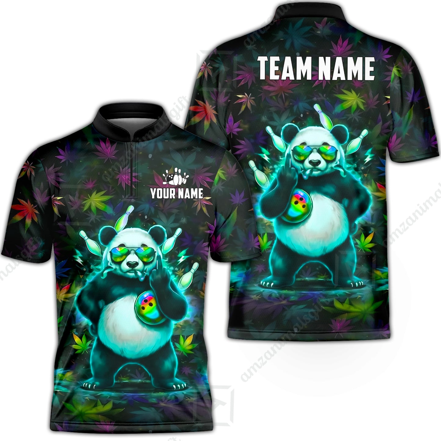 Custom Bowling Jersey Polo Shirt, Badass Stoner Panda & Psychedelic Leaves, Custom Bowling Jersey Team Shirt For Players With Name & Team Name