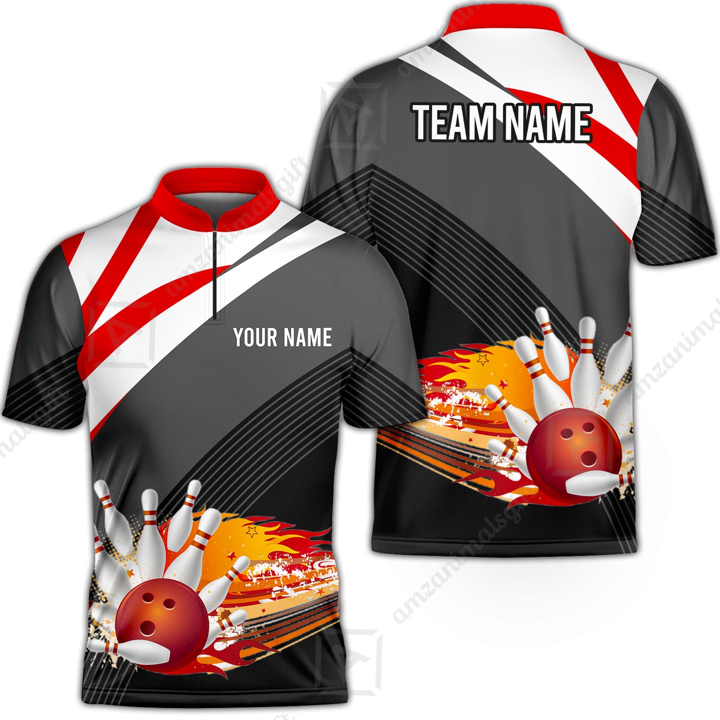 Custom Black and Red Flame Bowling Team Jersey Polo Shirts, Bowling Team Uniforms Jerseys, Personalized Name And Team Name