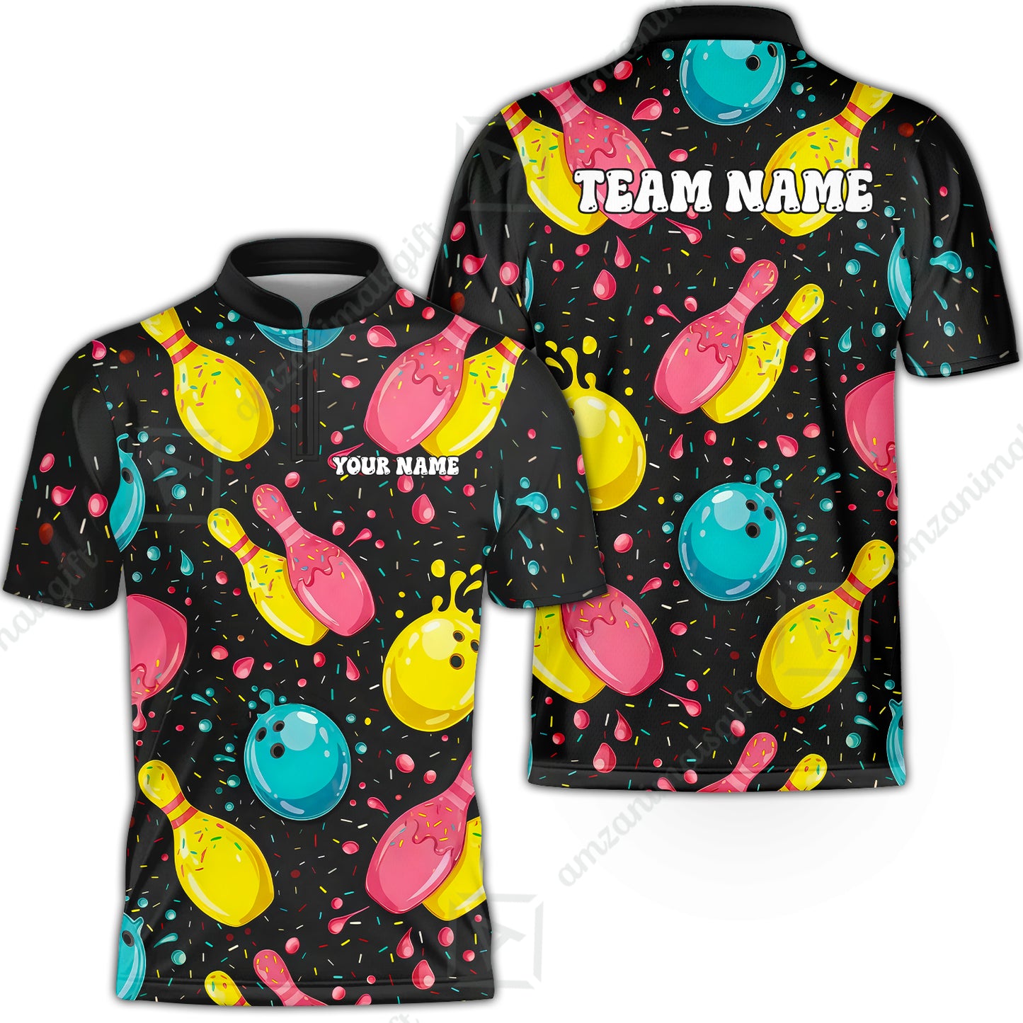Customized Bowling Unisex Polo Shirt, Funny Colorful Donuts Bowling Pins and Ball, Personalized Name And Team Name