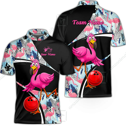 Custom Funny Cartoon Flamingo Bowling Jersey Polo Shirt, Custom Funny Cartoon Flamingo Bowling Jersey Team Shirt For Players With Name & Team Name