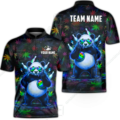 Custom Bowling Jersey Polo Shirt, Badass Stoner Panda & Psychedelic Leaves, Custom Bowling Jersey Team Shirt For Players With Name & Team Name