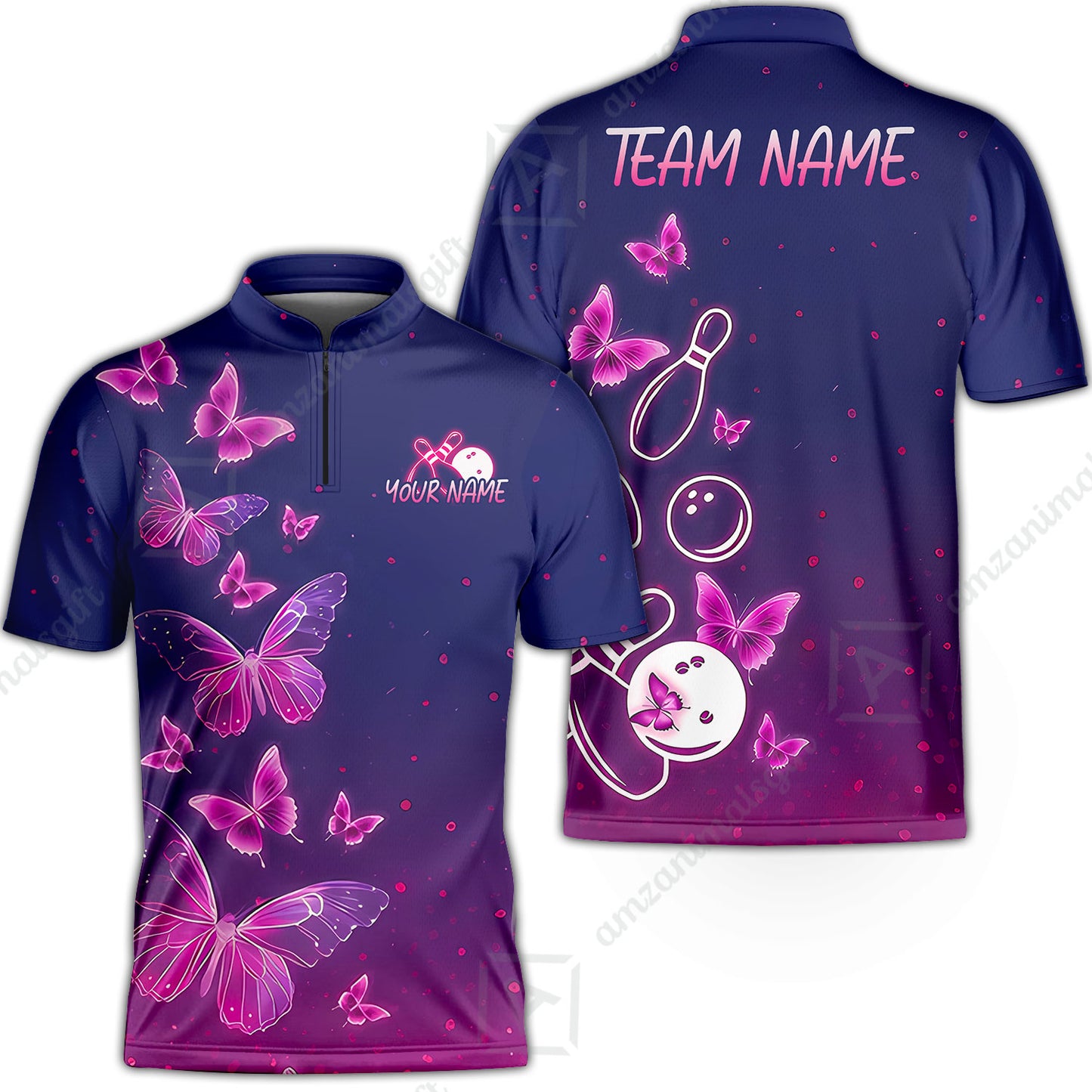Custom Bowling Jersey Polo Shirt, Neon Butterfly Bowling, Custom Bowling Jersey Team Shirt
