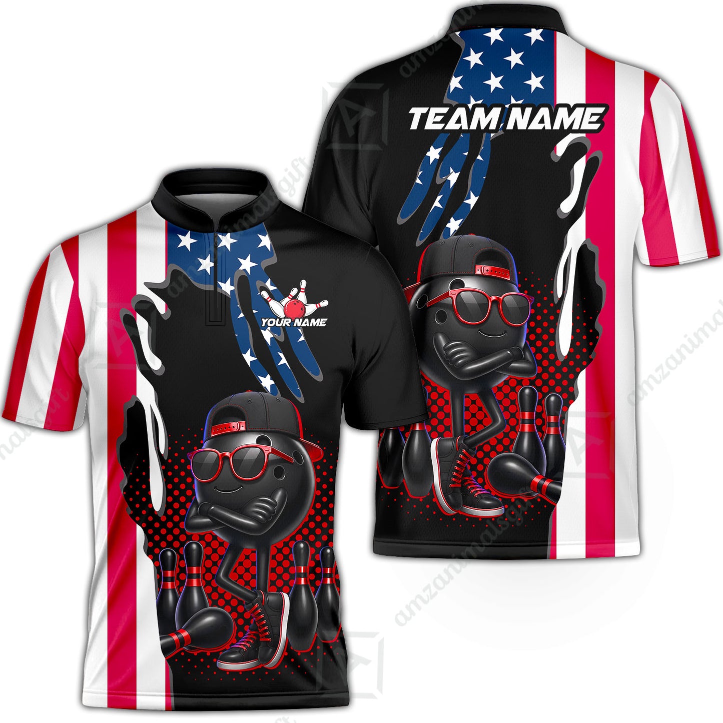 Custom Bowling Jersey Polo Shirt, Cool Hip Hop Patriotic Ball Mascot, Custom Bowling Jersey Team Shirt For Players With Name and Team Name