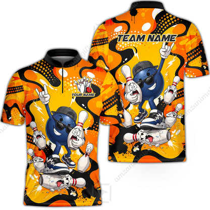 Custom Bowling Jersey Polo Shirt, Bowling Comic Book Art Orange Dot Flat Design, Personalize Name and Team Name