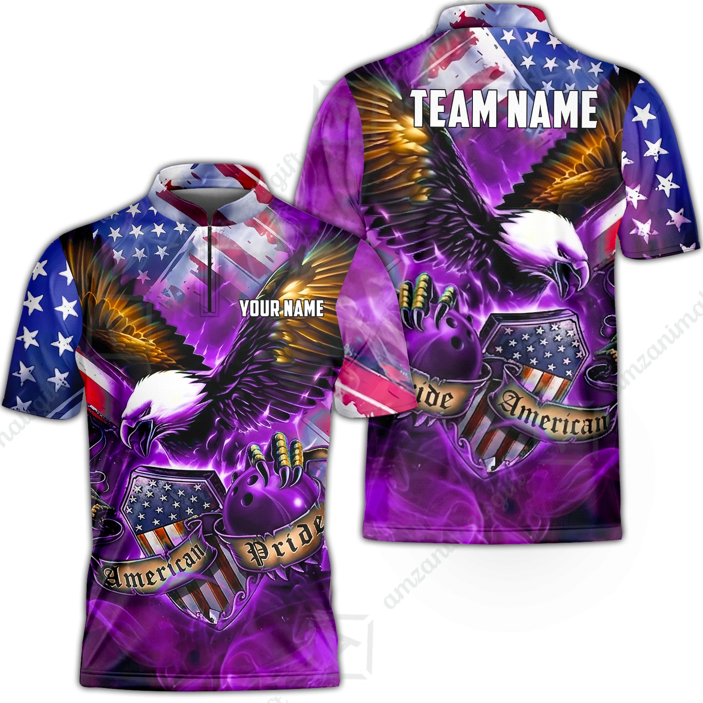 Custom Bowling Jersey Polo Shirt, American Pride Eagle, Personalized Name & Team Name