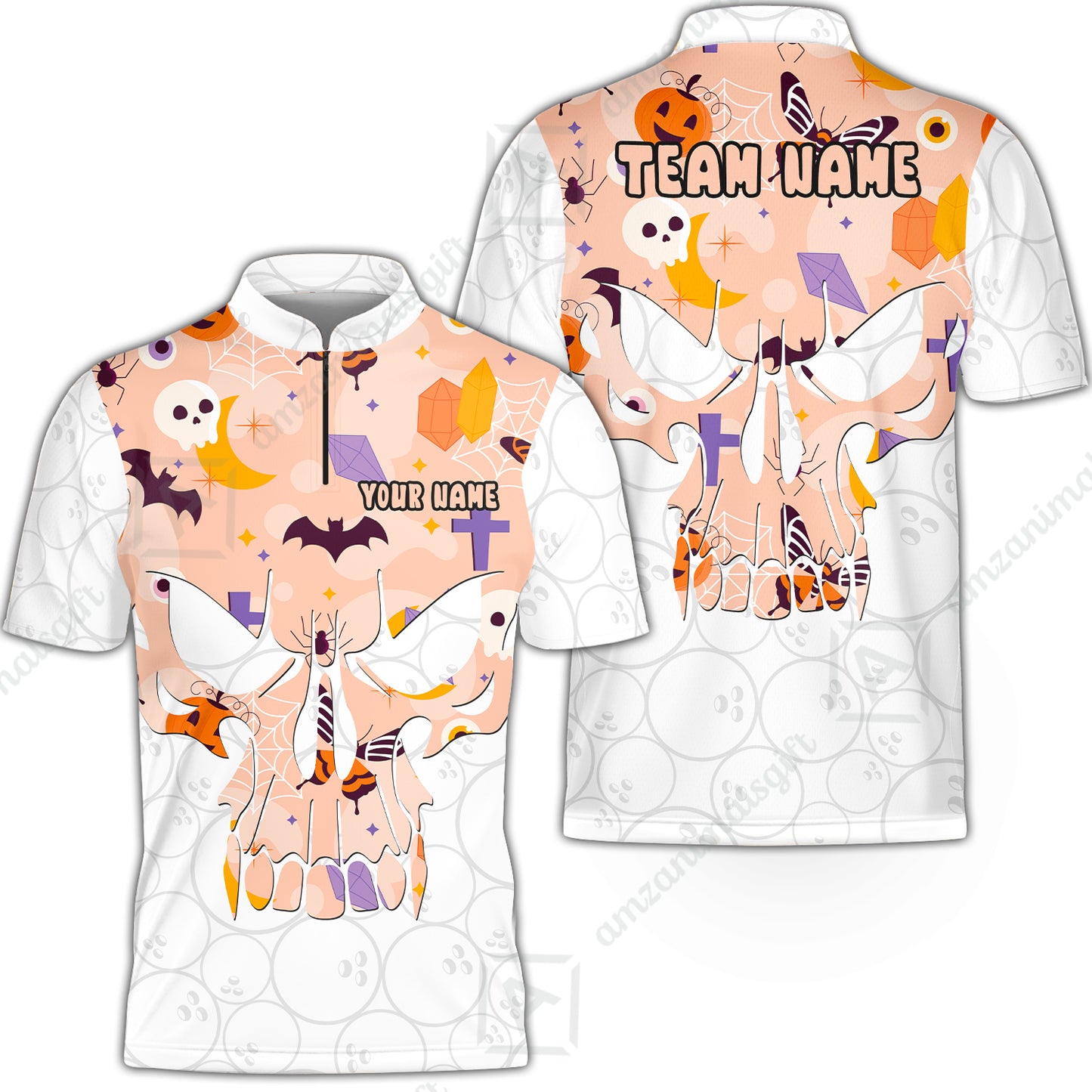 Custom Bowling Jersey Polo Shirt, Halloween Pattern Skull, Custom Bowling Jersey Team Shirt For Players With Name & Team Name