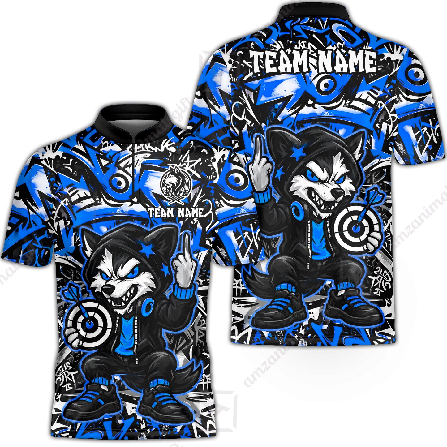 Customized Darts Team Uniform Shirt, Cool Cartoon Wolf With Dartboard, Personalized Name And Team Name