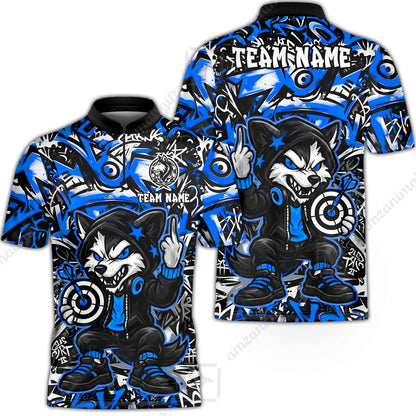 Customized Darts Team Uniform Shirt, Cool Cartoon Wolf With Dartboard, Personalized Name And Team Name