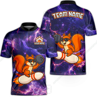 Funny Bowling Custom Polo T-Shirt - Fun Cartoon Purple Galaxy With Lightning Squirrel Wearing Sunglasses, Personalized Bowling Jersey Polo Shirts