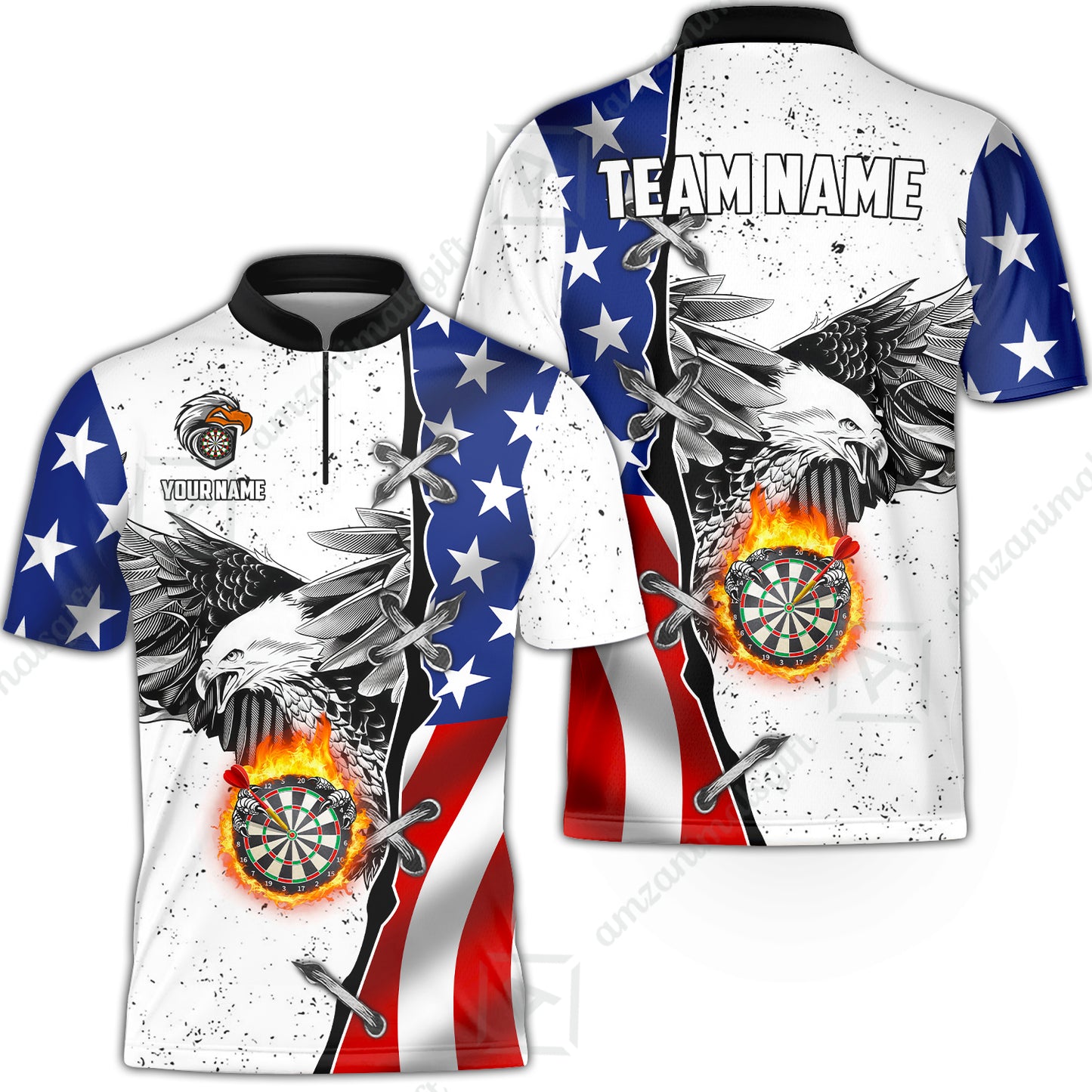 Customized Darts Team Uniform Shirt Darts US Flag White Eagle Flame Pin Dust Pattern, Personalized Name And Team Name