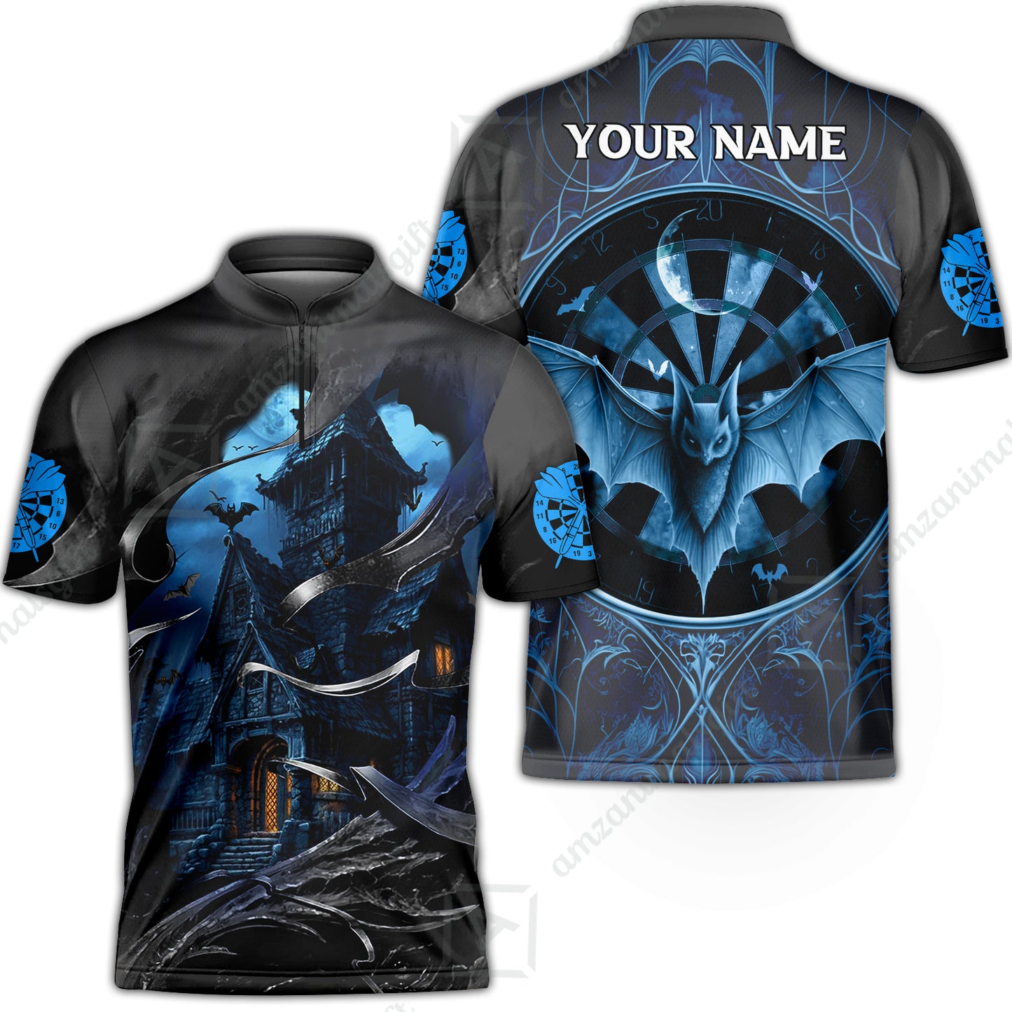 Darts Stand Collar Quarter-Zip Customized Name, Castle And Bats With Dartboard Stand Collar Quarter-Zip- Gift For Darts Players Uniforms, Darts Lovers