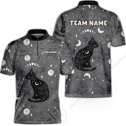 Custom Bowling Jersey Polo Shirt, Black Cat Moon Bowling Grass, Personalized Name And Team Name