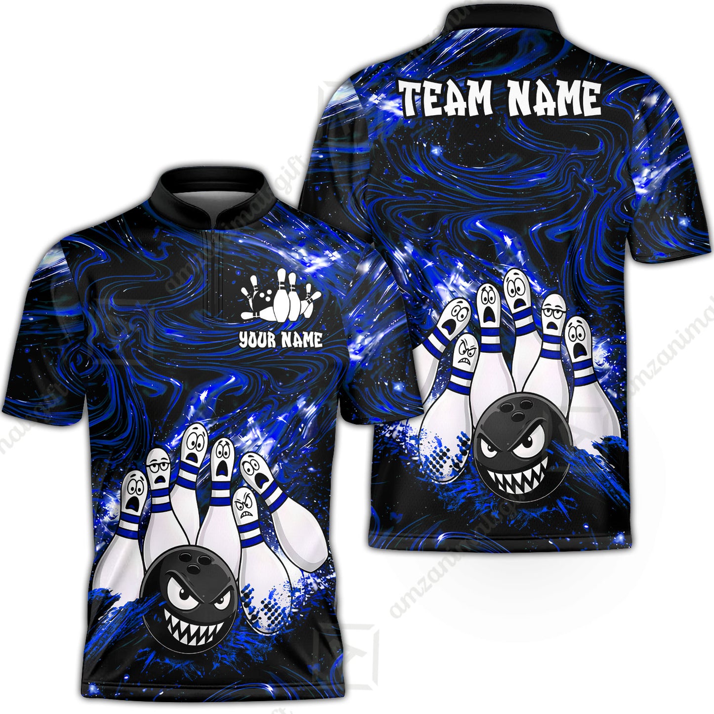 Customized Bowling Unisex Polo Shirt, Bowling Angry Ball VS Screaming Pins, Personalized Name And Team Name