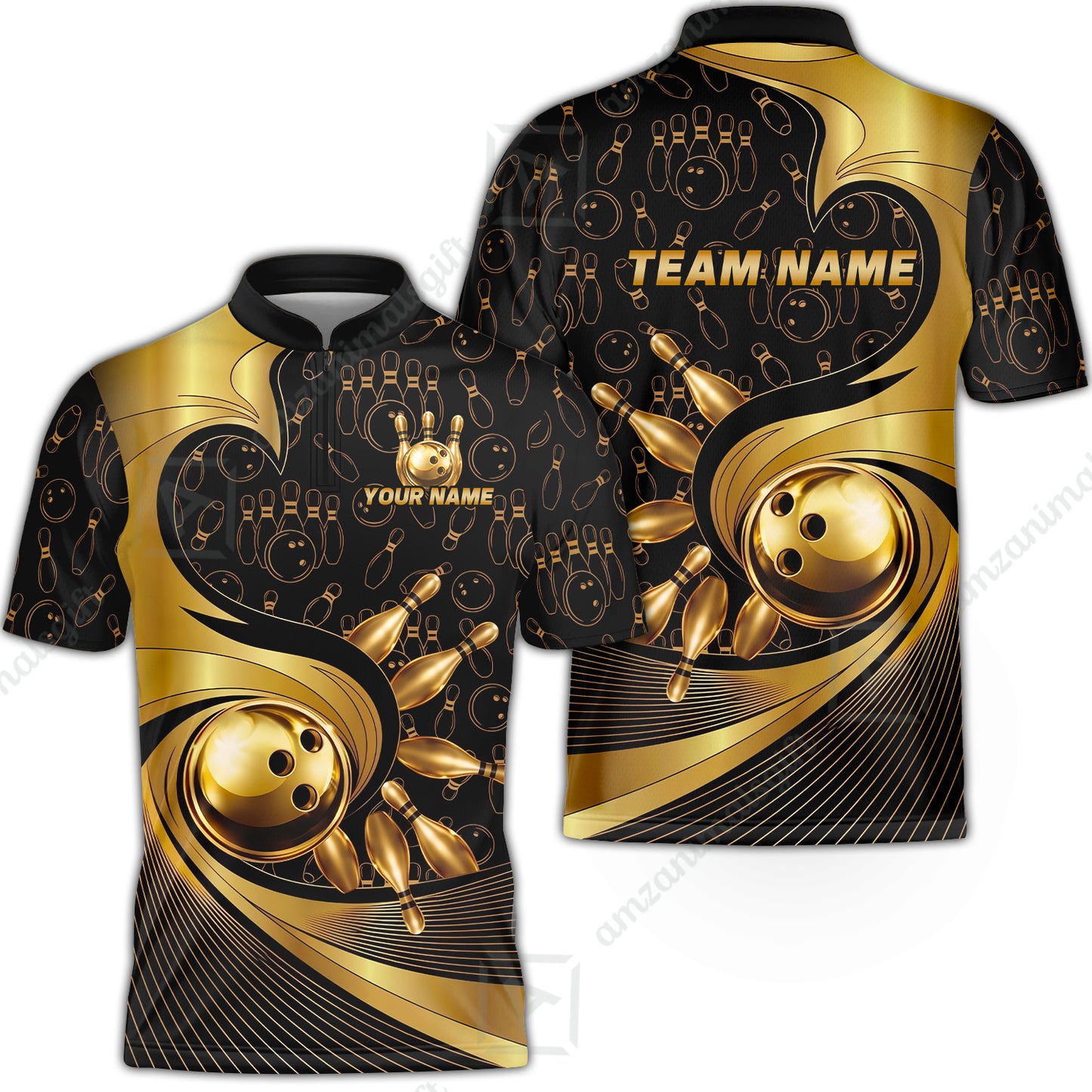 Custom Bowling Jersey Polo Shirt, Bowling Gold Swirling Pattern, Personalize Name and Team Name