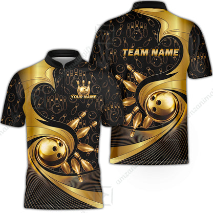 Custom Bowling Jersey Polo Shirt, Bowling Gold Swirling Pattern, Personalize Name and Team Name