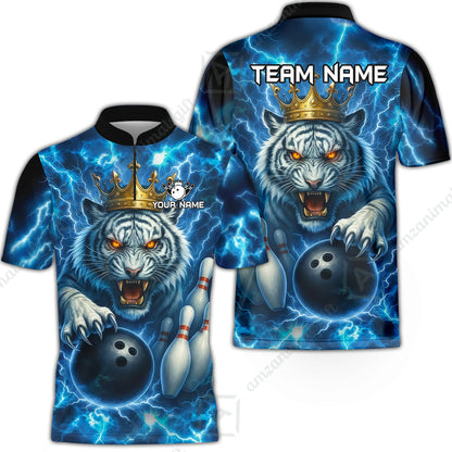 Custom Bowling Team Quarter-Zip Polo Shirt, Bowling White Tiger Lighting Shirt, Personalized Team Shirt with Custom Name