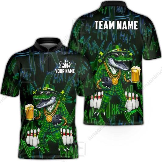 Custom Bowling Jersey Polo Shirt, Lucky Alligator St Patricks Beer, Custom Bowling Jersey Team Shirt For Players With Name & Team Name