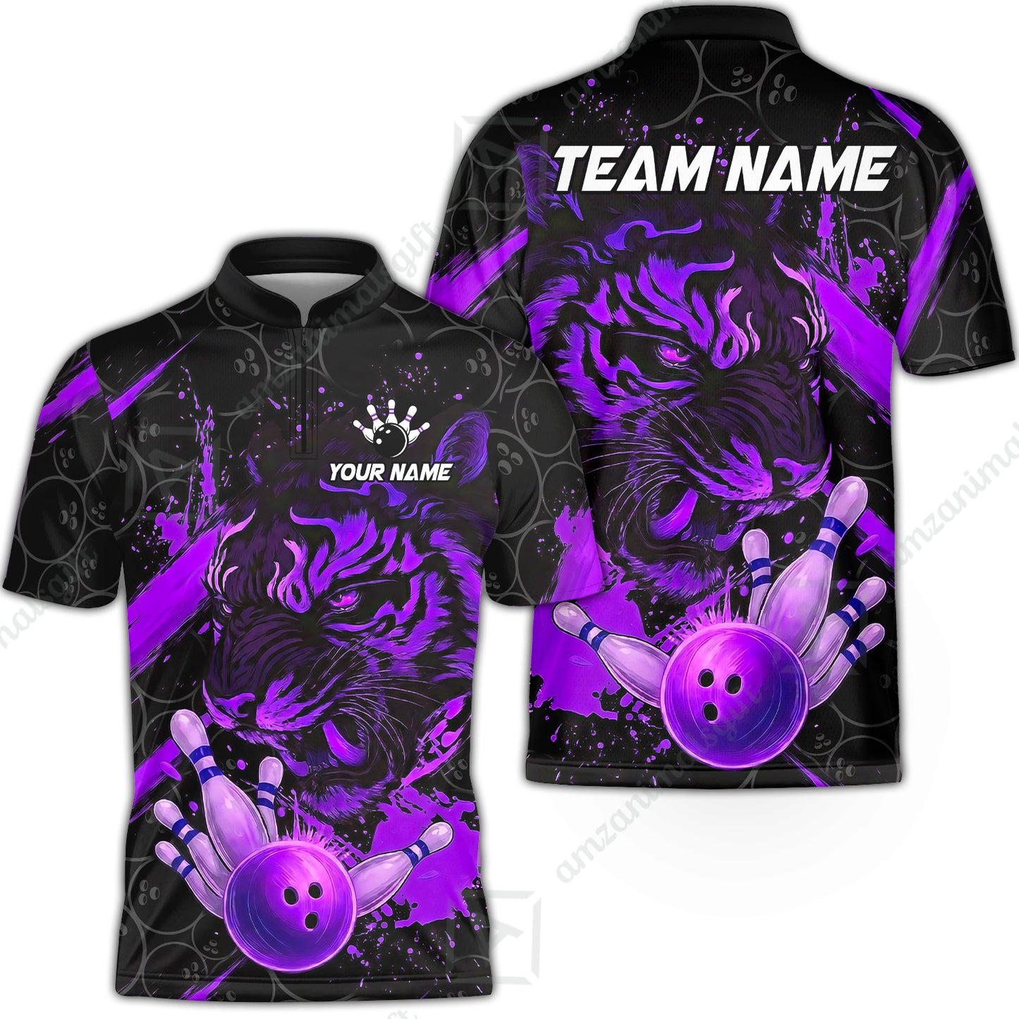 Customized Bowling Unisex Polo Shirt, Tiger Ball Striking Pins, Bowling Uniforms, Personalized Name And Team Name