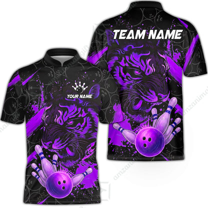 Customized Bowling Unisex Polo Shirt, Tiger Ball Striking Pins, Bowling Uniforms, Personalized Name And Team Name