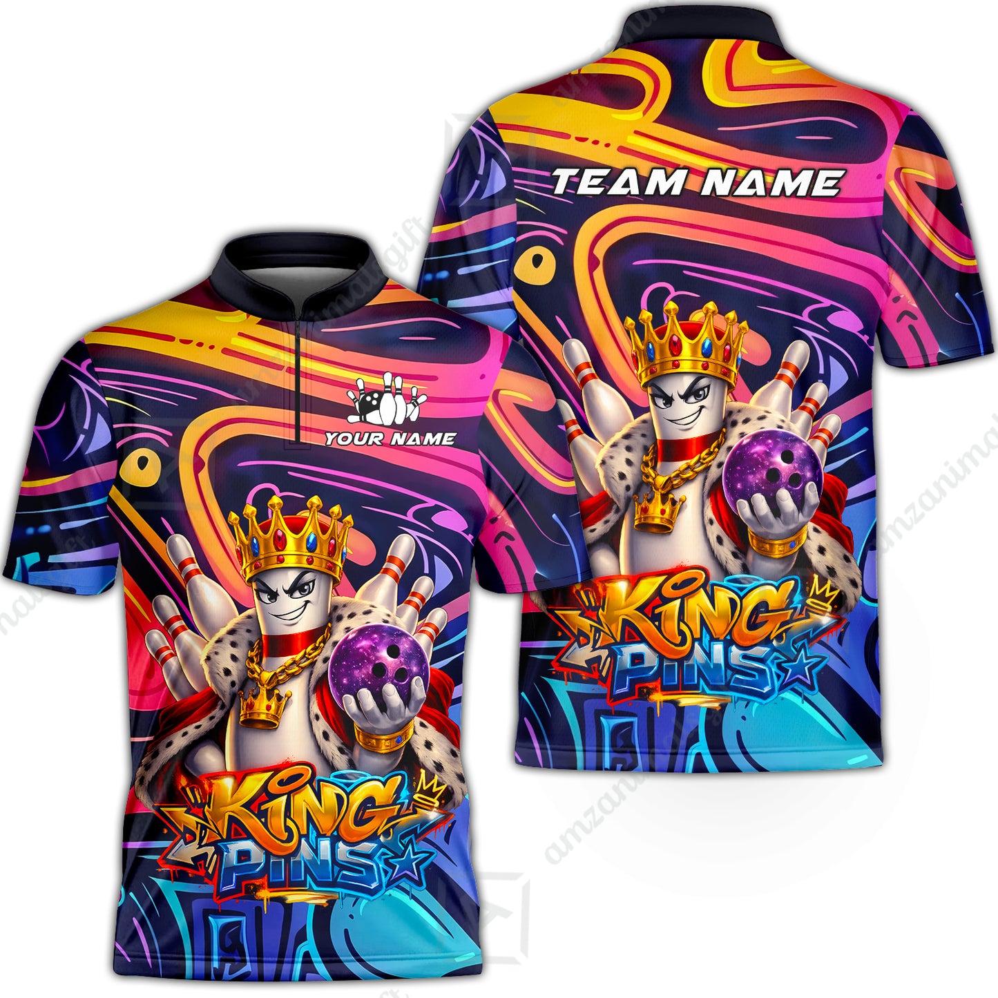 Custom Bowling Jersey Polo Shirt, Psychedelic Graffiti King Pins Mascot, Custom Bowling Jersey Team Shirt For Players With Name and Team Name