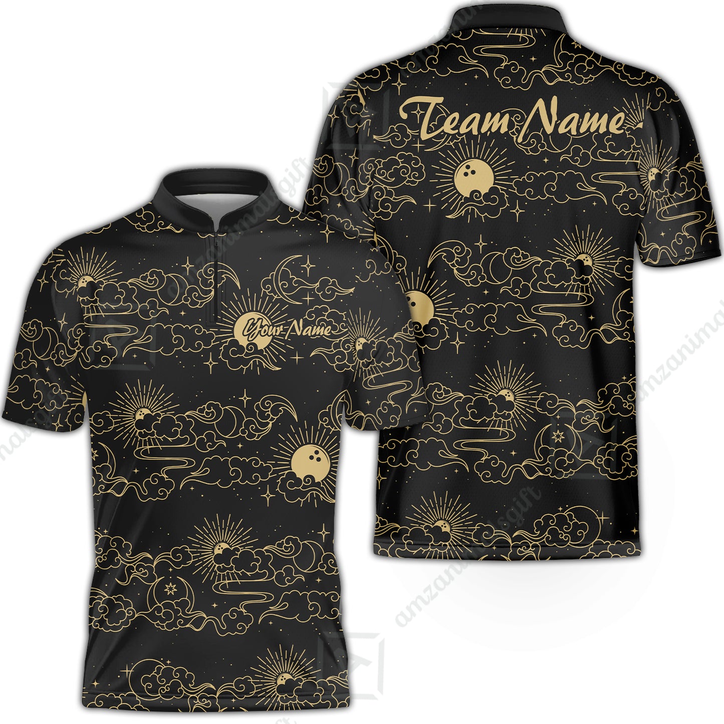 Custom Bowling Jersey Polo Shirt, Black Gold Celestial Bowling, Custom Bowling Jersey Team Shirt For Players With Name & Team Name