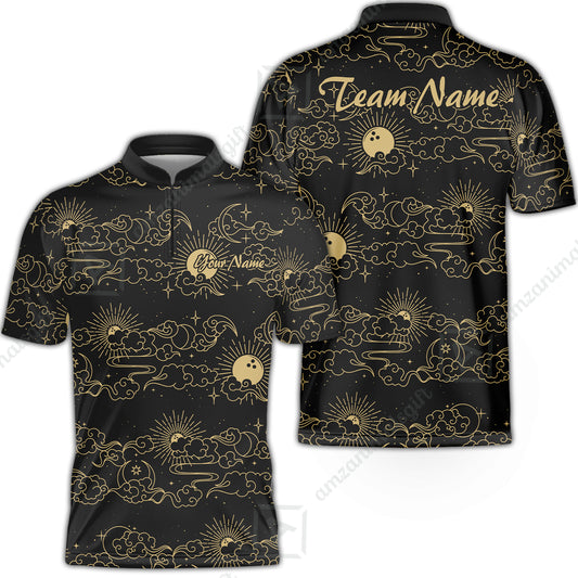 Custom Bowling Jersey Polo Shirt, Black Gold Celestial Bowling, Custom Bowling Jersey Team Shirt For Players With Name & Team Name