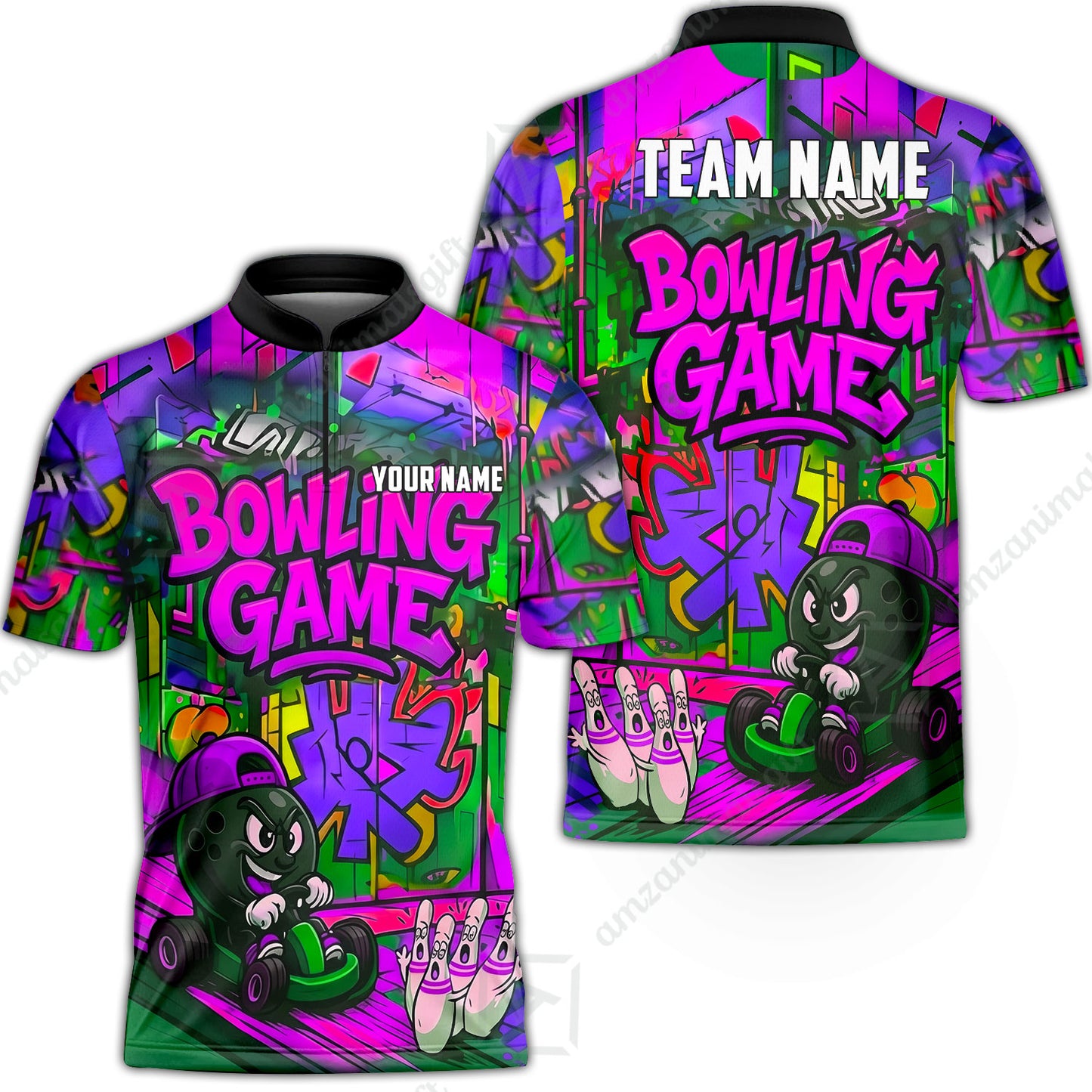 Custom Bowling Jersey Polo Shirt, Street Graffiti Go Kart Ball, Custom Bowling Jersey Team Shirt For Players With Name and Team Name