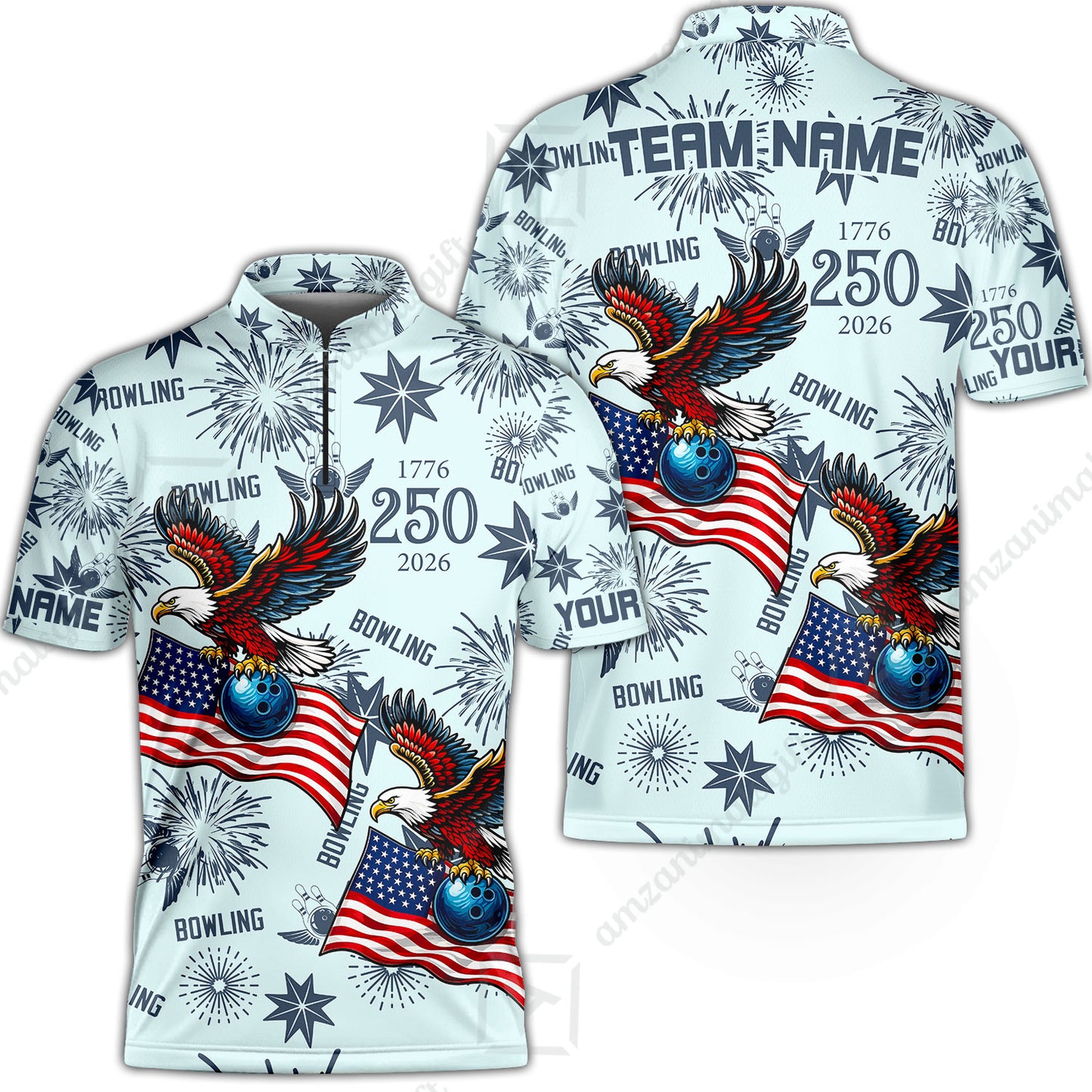 Custom Bowling Jersey Polo Shirt, USA 250 Years of Independence Bowling, Custom Bowling Jersey Team Shirt For Players With Name and Team Name