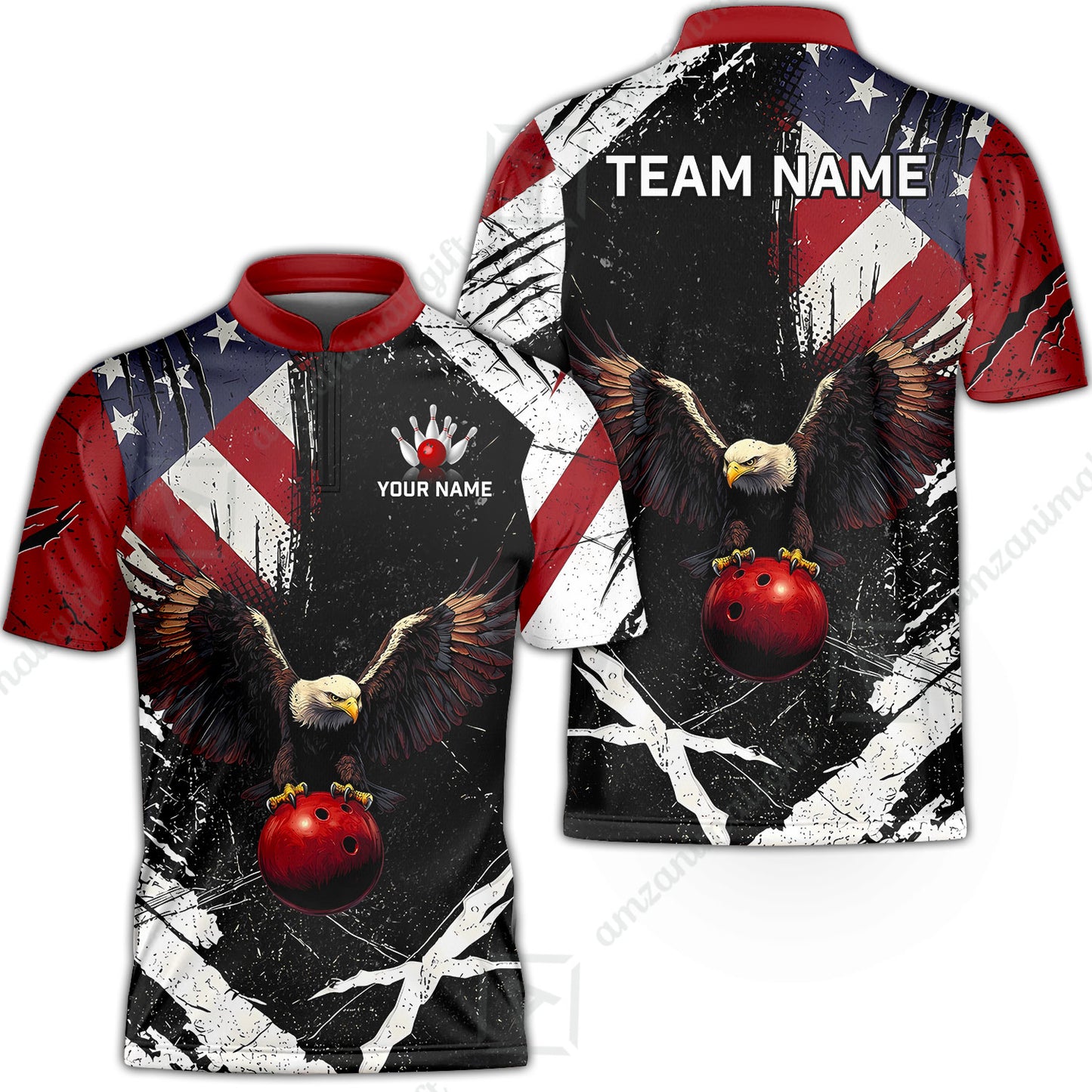 Custom Bowling Jersey Polo Shirt, Patriotic Bald Eagle Distressed American Flag Grunge, Custom Bowling Jersey Team Shirt For Players With Name & Team Name