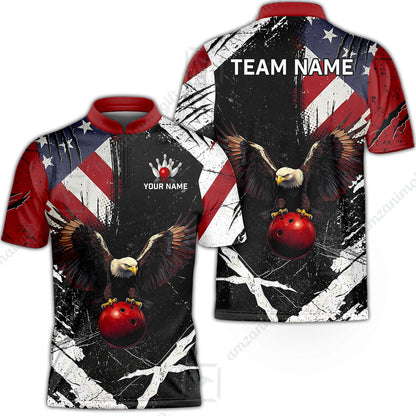Custom Bowling Jersey Polo Shirt, Patriotic Bald Eagle Distressed American Flag Grunge, Custom Bowling Jersey Team Shirt For Players With Name & Team Name