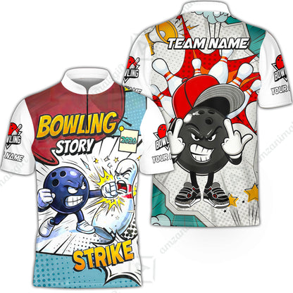 Customized Bowling Team Shirt, Comic Bowling Story Strike Cartoon, Bowling Uniforms, Personalized Name And Team Name