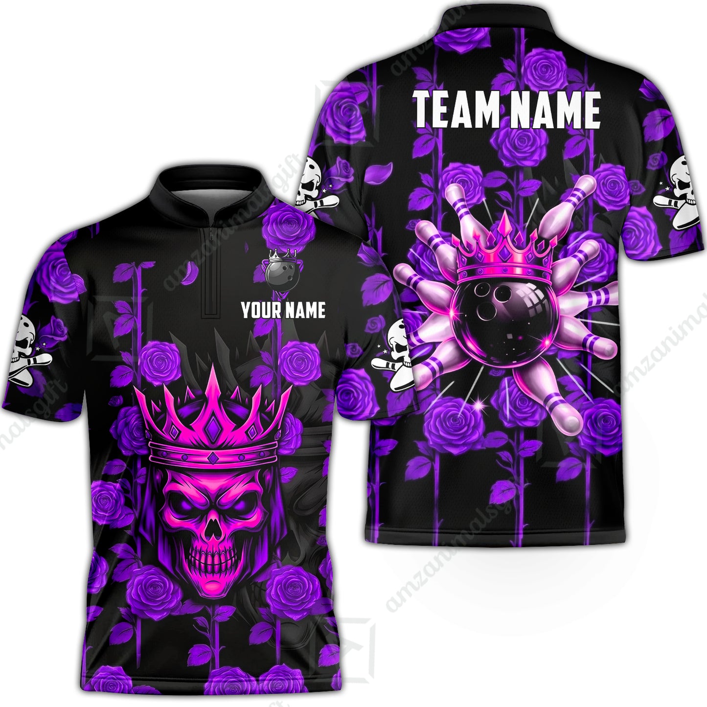 Custom Bowling Jersey Polo Shirt, Royal Skull Bowling, Custom Bowling Jersey Team Shirt For Players With Name & Team Name