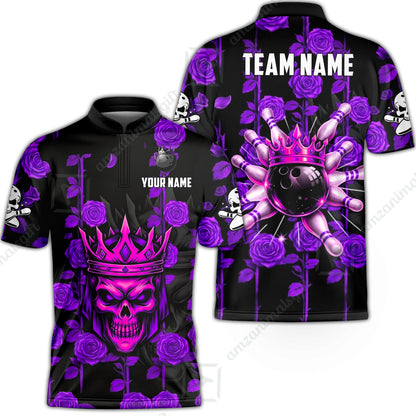 Custom Bowling Jersey Polo Shirt, Royal Skull Bowling, Custom Bowling Jersey Team Shirt For Players With Name & Team Name