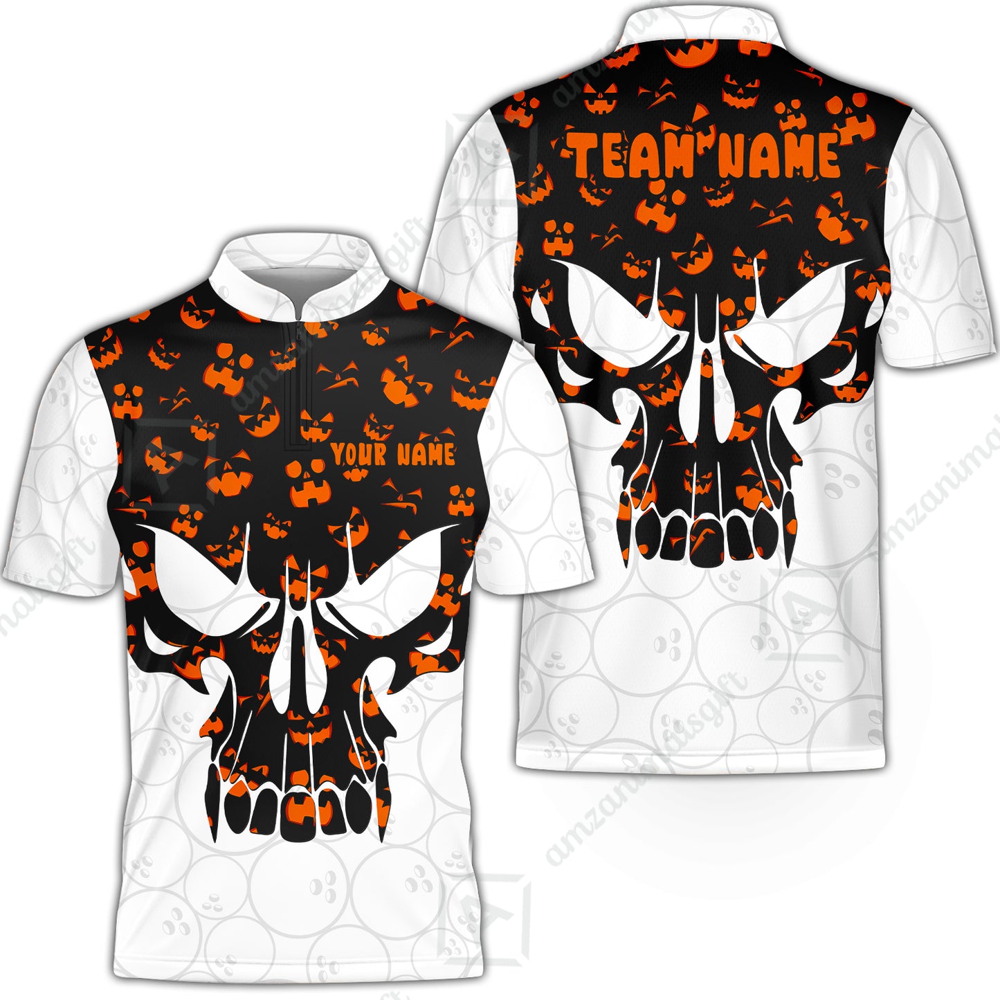 Custom Bowling Jersey Polo Shirt, Halloween Pattern Skull, Custom Bowling Jersey Team Shirt For Players With Name & Team Name