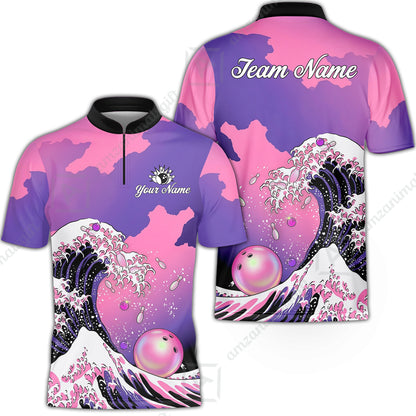 Custom Bowling Polo Shirt, Ocean Wave Bowling, Custom Bowling Polo Team Shirt For Players With Name & Team Name