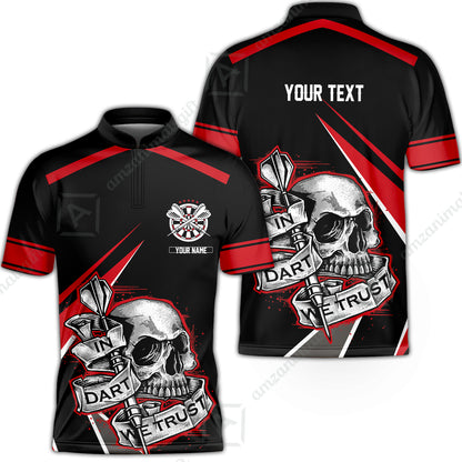 Customized Name & Text Darts Men Polo Shirt, Skull In Darts We Trust Personalized Darts Zip Polo Shirt