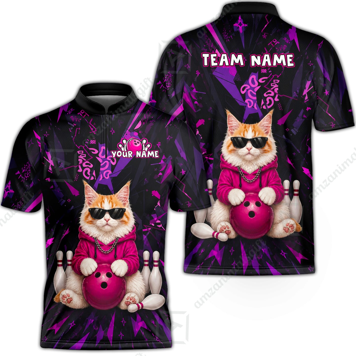 Custom Bowling Jersey Polo Shirt, Neon Hip Cat, Custom Bowling Jersey Team Shirt For Players With Name and Team Name