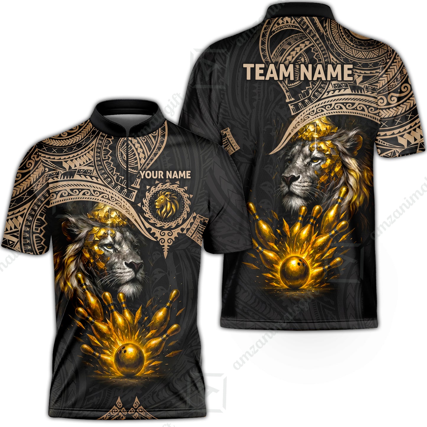 Custom Bowling Jersey Polo Shirt, Regal Golden Tribal Lion, Custom Bowling Jersey Team Shirt For Players With Name and Team Name