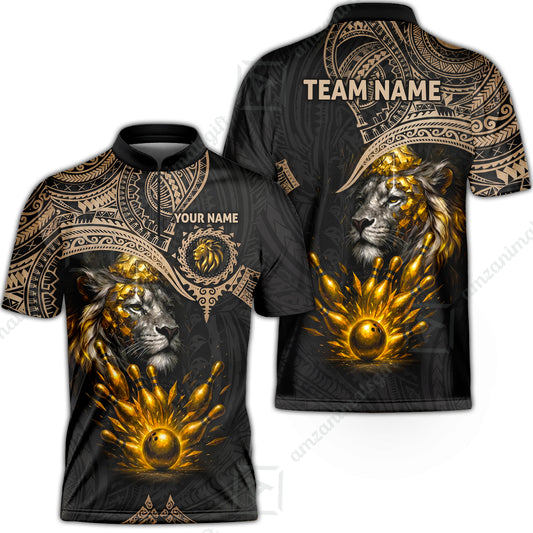 Custom Bowling Jersey Polo Shirt, Regal Golden Tribal Lion, Custom Bowling Jersey Team Shirt For Players With Name and Team Name