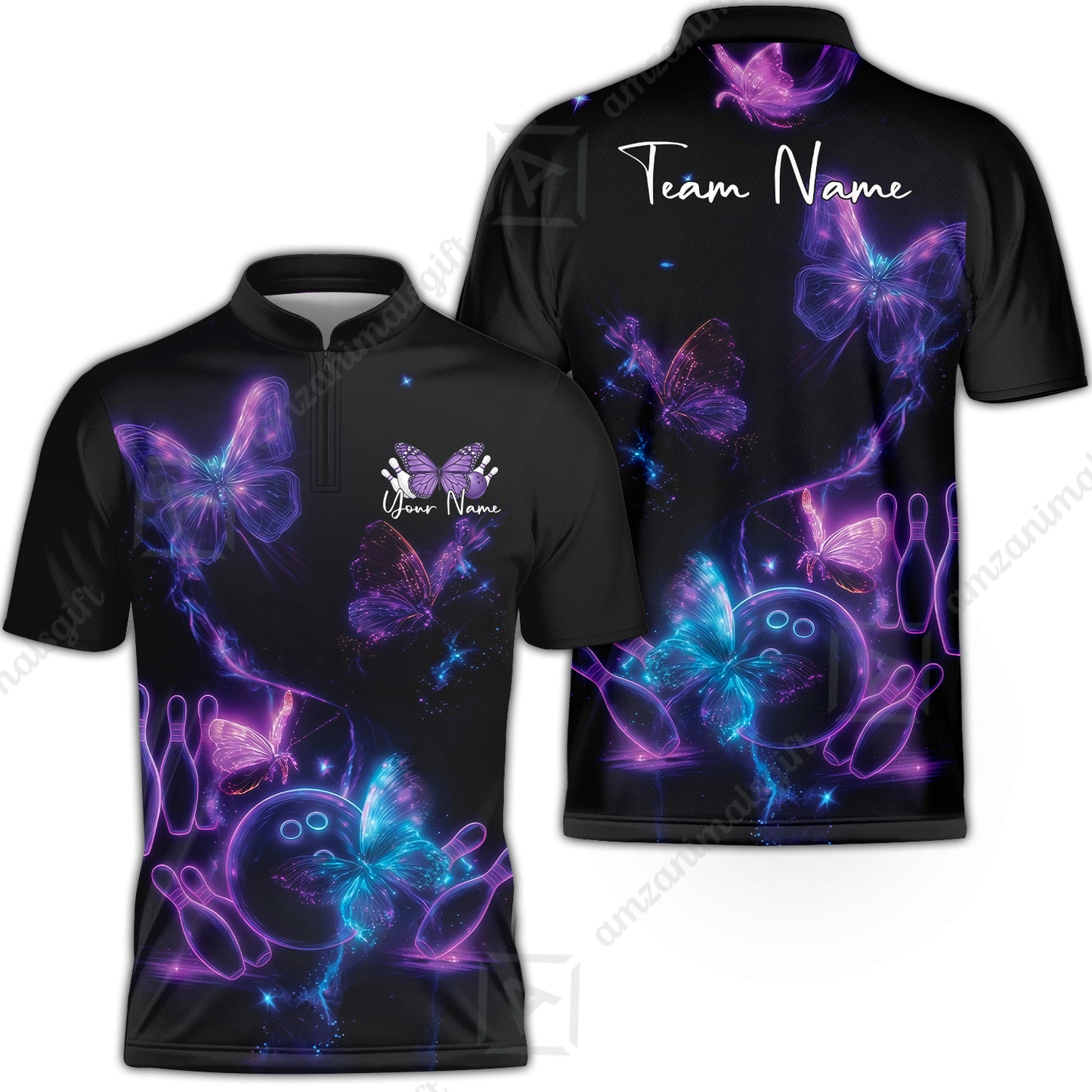 Custom Bowling Jersey Polo Shirt, Bowling Butterfly Universe, Custom Bowling Jersey Team Shirt For Players With Name and Team Name
