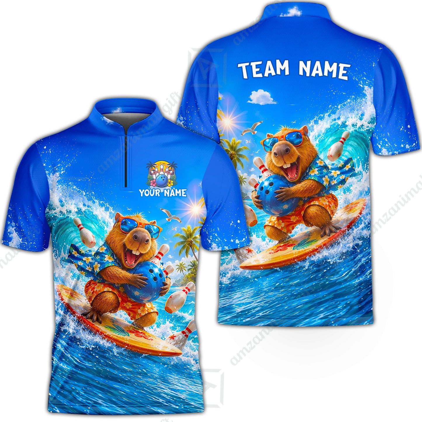Custom Bowling Jersey Polo Shirt, Surfing Capybara, Personalized Name And Team Name