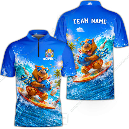 Custom Bowling Jersey Polo Shirt, Surfing Capybara, Personalized Name And Team Name