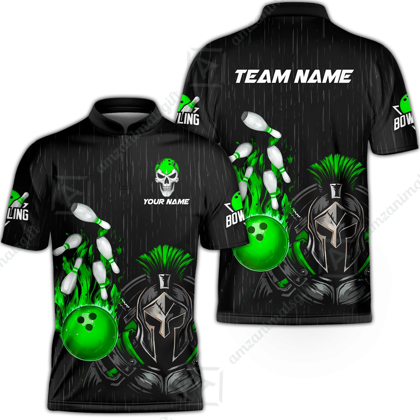 Custom Bowling Jersey Polo Shirt, Fire Bowling Knight Rain Skull Logo, Personalize Name & Team Name