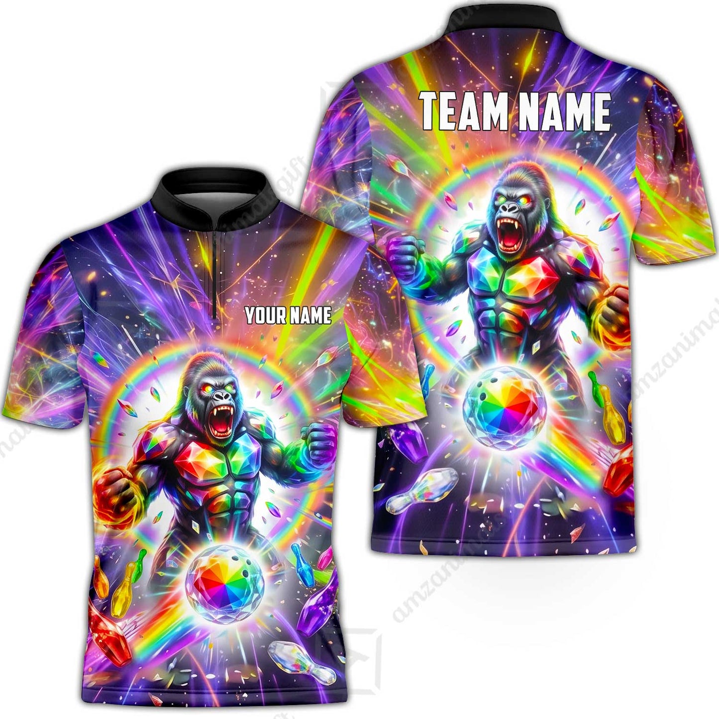 Custom Bowling Jersey Polo Shirt, Rainbow Gemstone Gorilla, Custom Bowling Jersey Team Shirt For Players With Name and Team Name