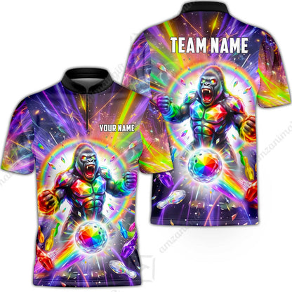 Custom Bowling Jersey Polo Shirt, Rainbow Gemstone Gorilla, Custom Bowling Jersey Team Shirt For Players With Name and Team Name