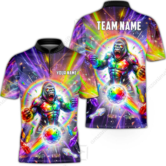 Custom Bowling Jersey Polo Shirt, Rainbow Gemstone Gorilla, Custom Bowling Jersey Team Shirt For Players With Name and Team Name
