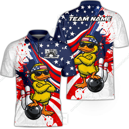 Custom Bowling Jersey Polo Shirt, Patriotic Cool Duckling Mascot, Custom Bowling Jersey Team Shirt For Players With Name and Team Name