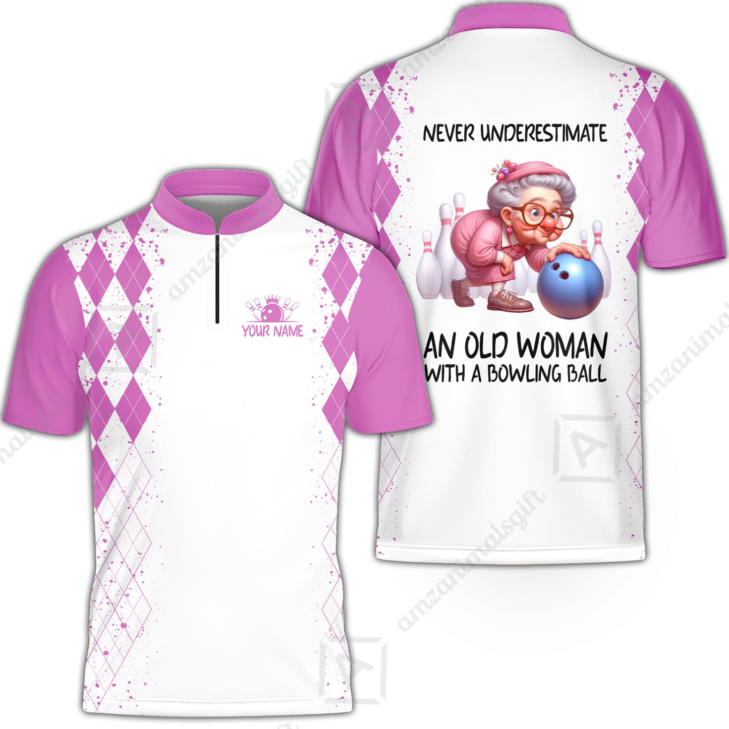 Custom Bowling Jersey Polo Shirt, Never Underestimate An Old Woman With A Bowling Ball, Personalized Name & Team Name