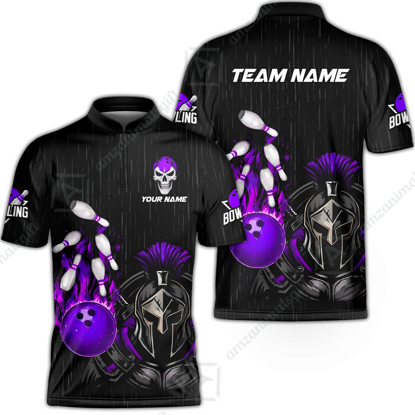 Custom Bowling Jersey Polo Shirt, Fire Bowling Knight Rain Skull Logo, Personalize Name & Team Name